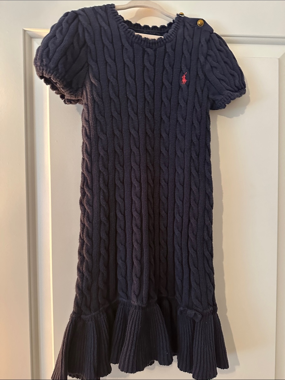 Ralph Lauren Navy Knit Cable Dress with Pink Pony Accent